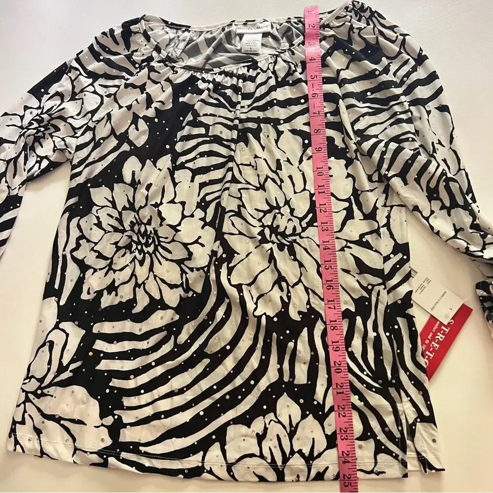 Rebecca Malone Women’s Black and White Shimmer Stretch 3/4 Sleeve Print Blouse